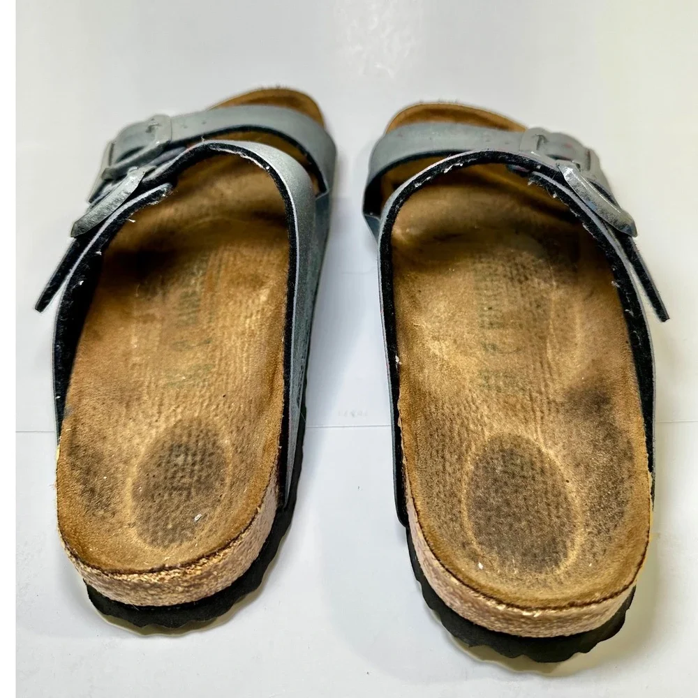 Birkenstock Arizona Sandals Distressed Blue Red Two Strap Slides approx 39
